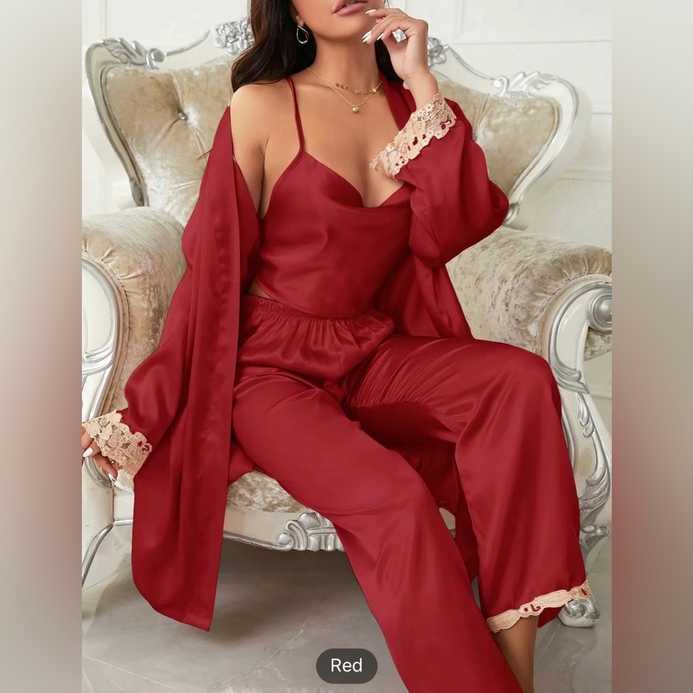 Blush Pink 3-piece Sets Silk Satin Cami Top & Pants With Robe Pajama Set - Picture 6 of 8